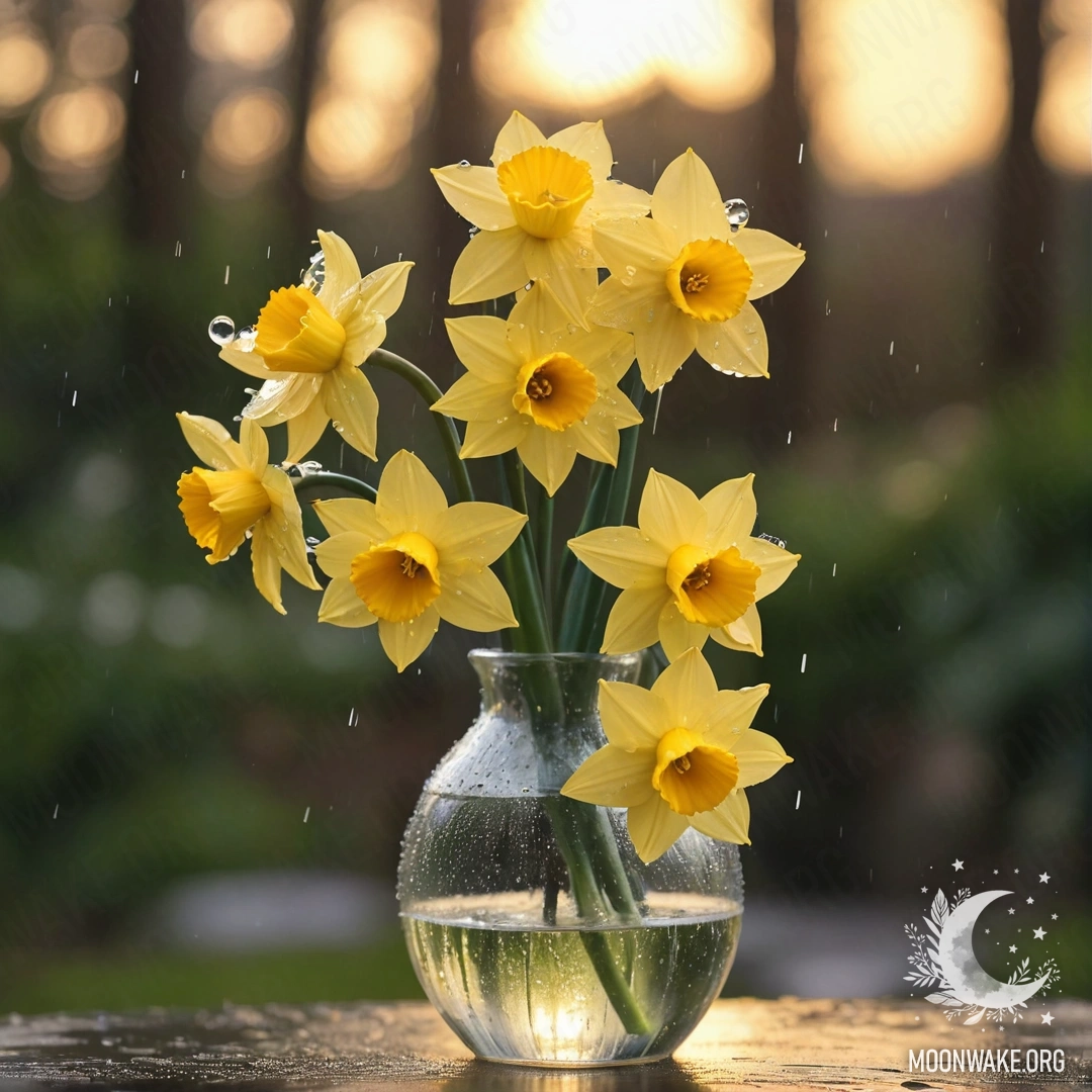 Calm Narcissus in a Rainy Sunset A yellow narcissus flower in a vase, gently illuminated by sunset rain.