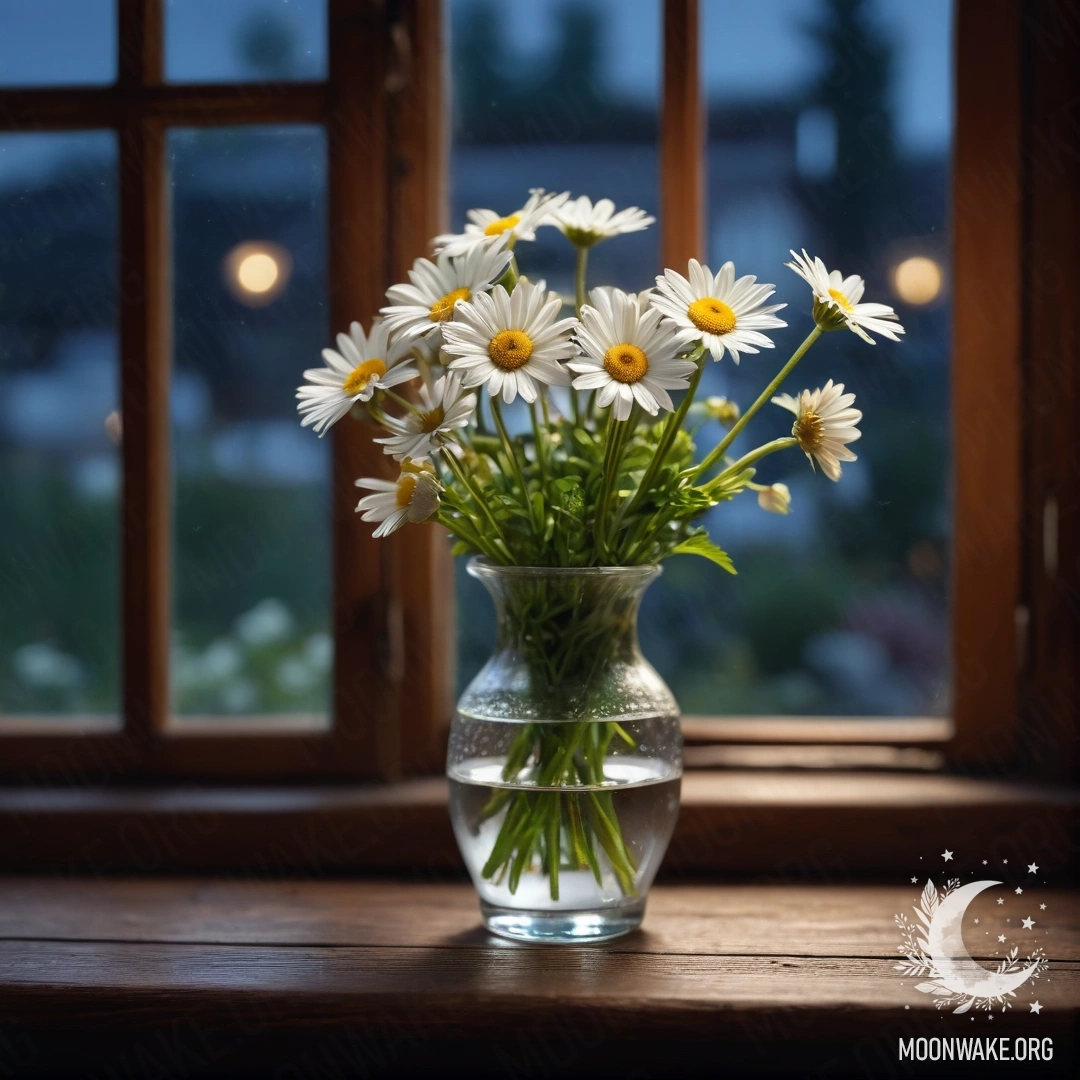 A glass vase with daisies placed on a wooden vintage windowsill at night.
