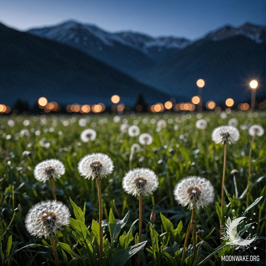 Calm Night Field of Dandelions Close-up of dandelions in a tranquil field, with a bokeh of mountains in the background under the night sky.