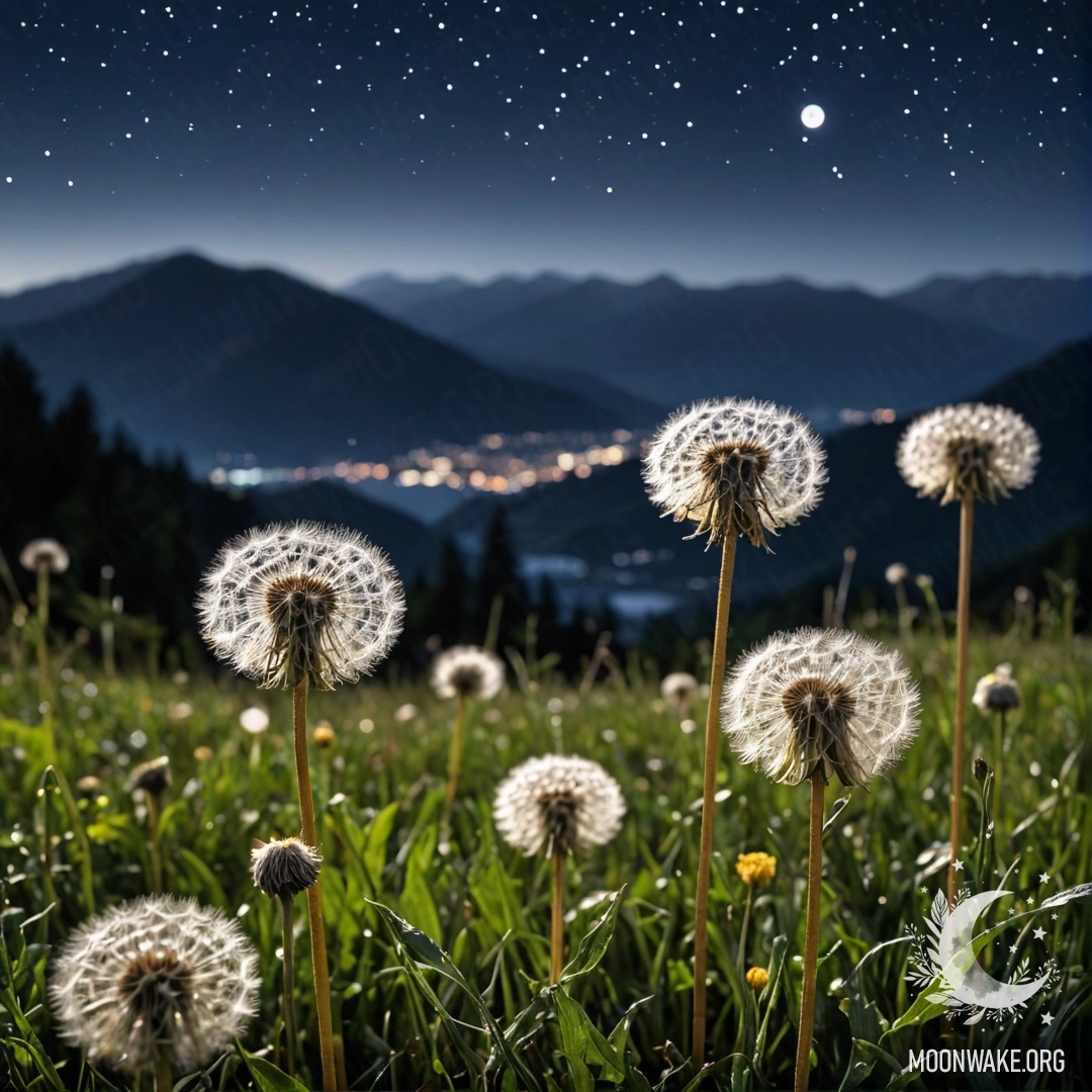 Calm Night Field of Dandelions A close-up of dandelions in a calm field with a blurred mountain background at night.