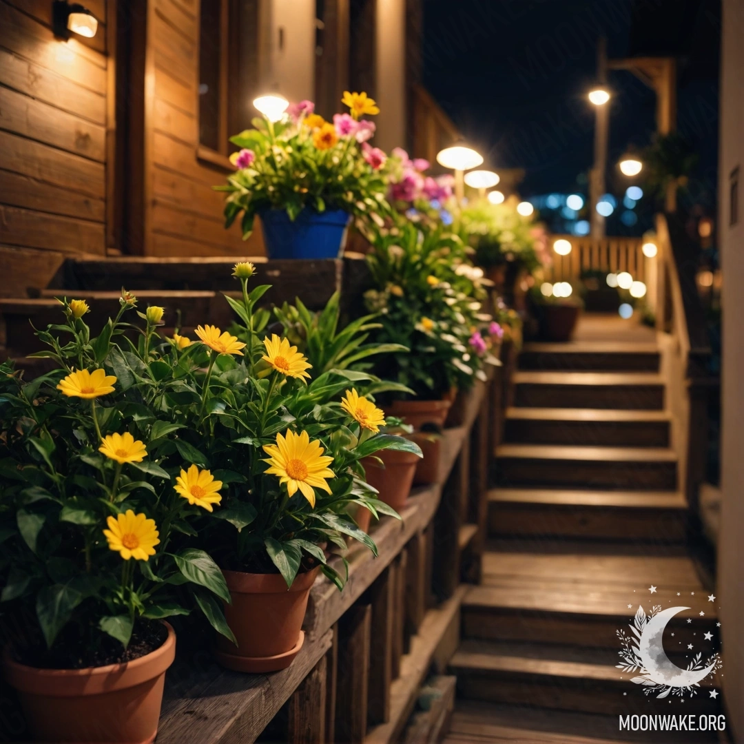 A wooden staircase with flowerpots at night.
