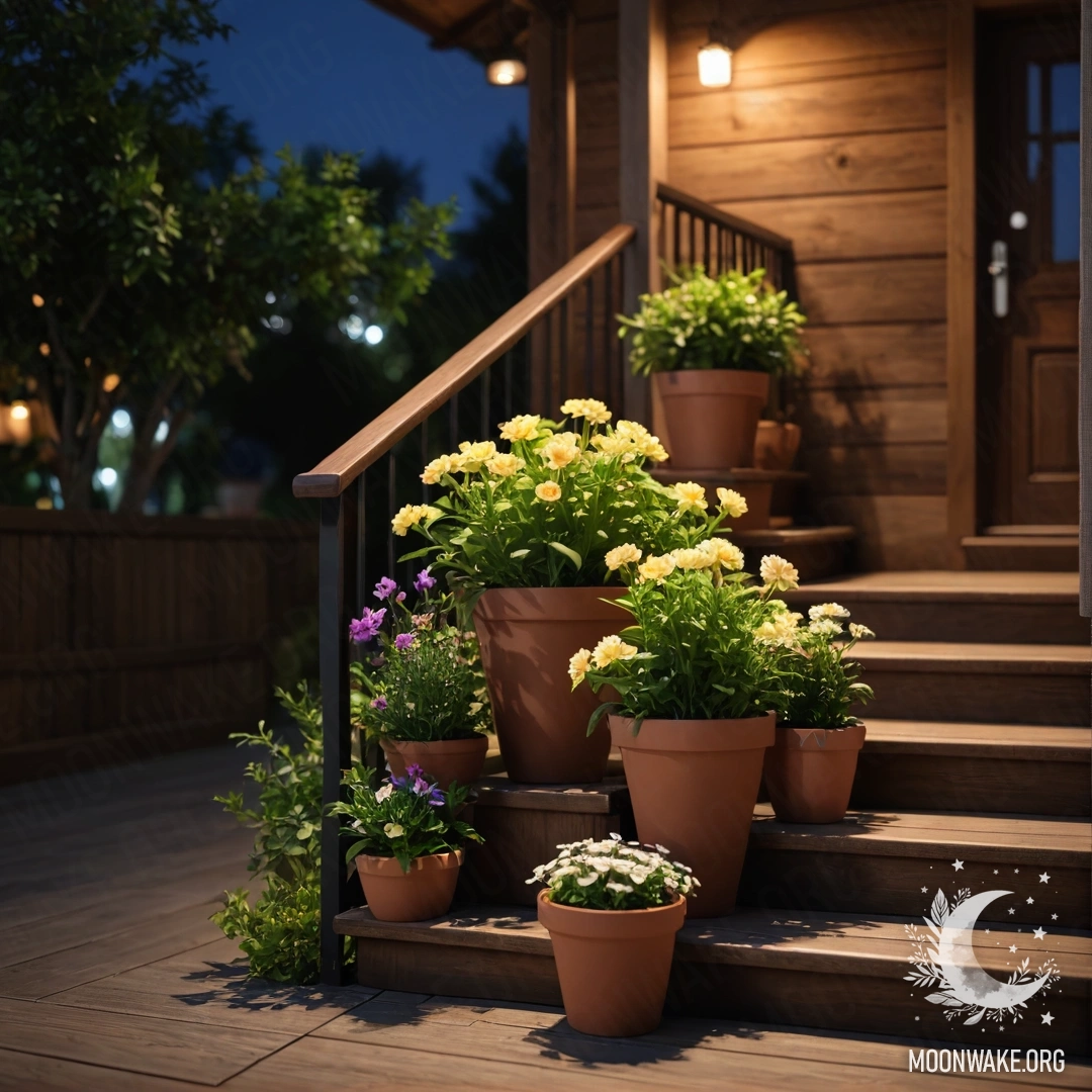 A wooden staircase adorned with flowerpots at night.