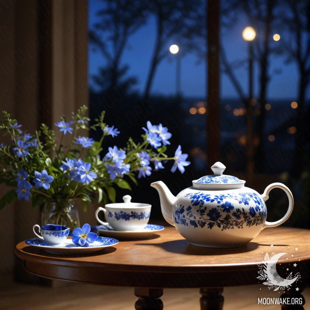 A round wooden table at night with a porcelain teapot and blue flowers inside it.