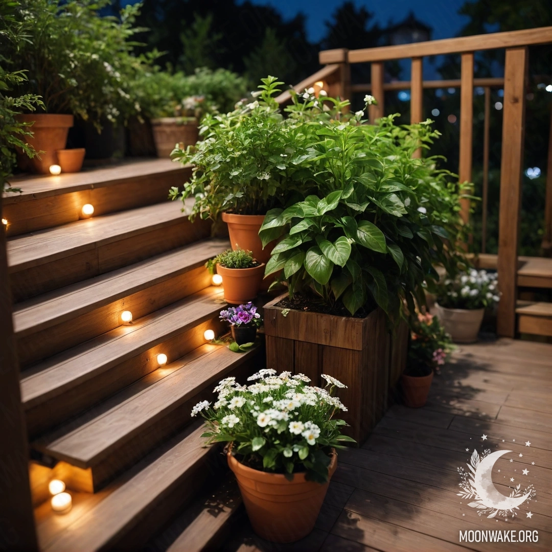 A wooden staircase at night adorned with flowerpots, creating a serene atmosphere.
