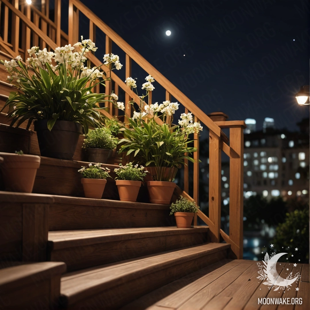 Calm Night with Flowerpots on Wooden Staircase A wooden staircase adorned with flowerpots under the night sky.
