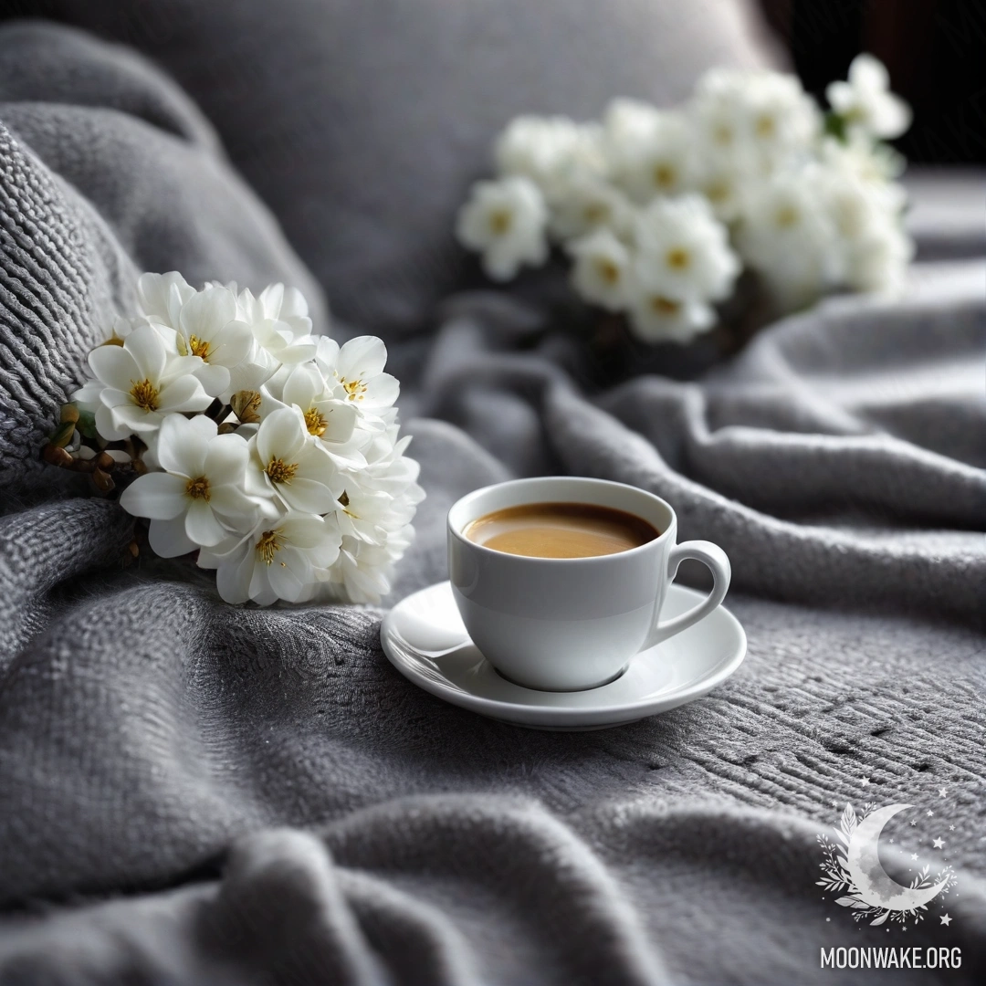 A close-up view of a peaceful white chair with a gray blanket, a book, a branch with white flowers, and a white cup of coffee at nighttime.