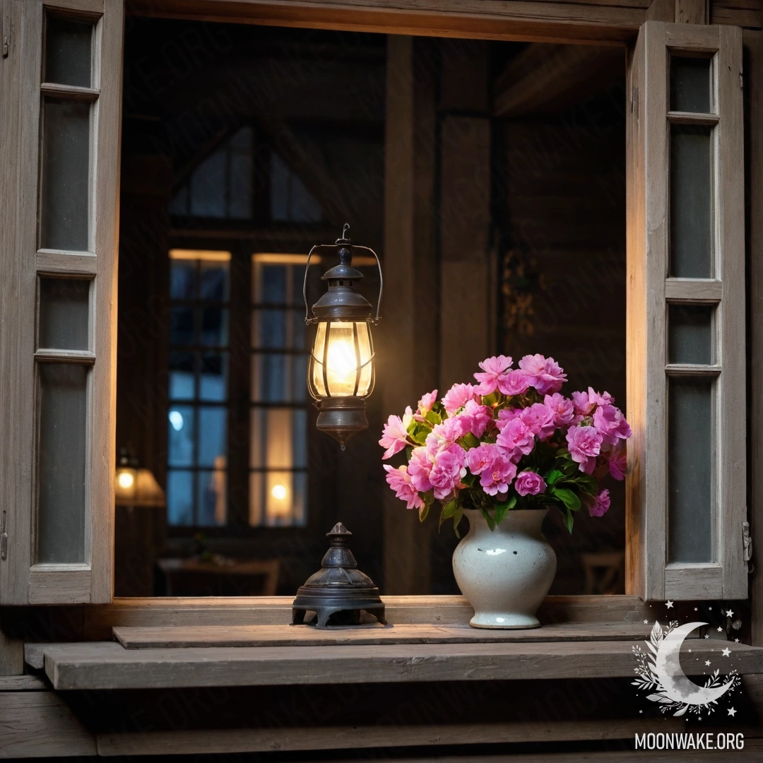 A shabby wooden window with shutters, a kerosene lamp above, and pink flowers adorning it at night.