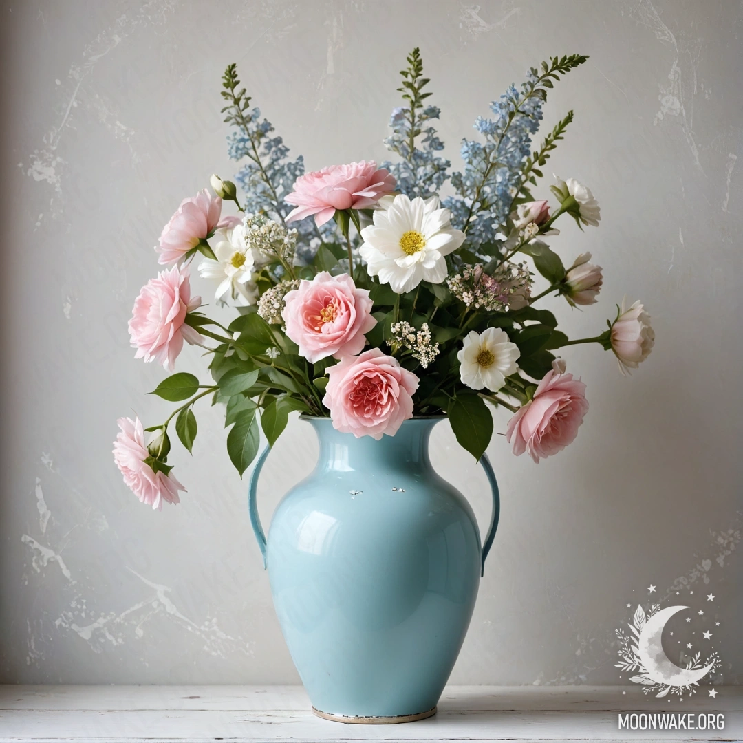 An old shabby blue door with a bouquet of poppies in the handle.
