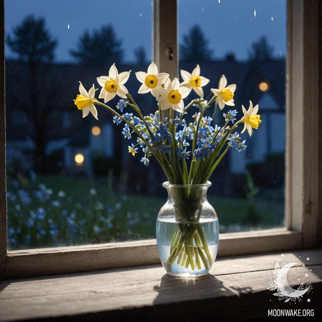 A weathered wooden window sill with a white porcelain vase containing daffodils and forget-me-nots at night.