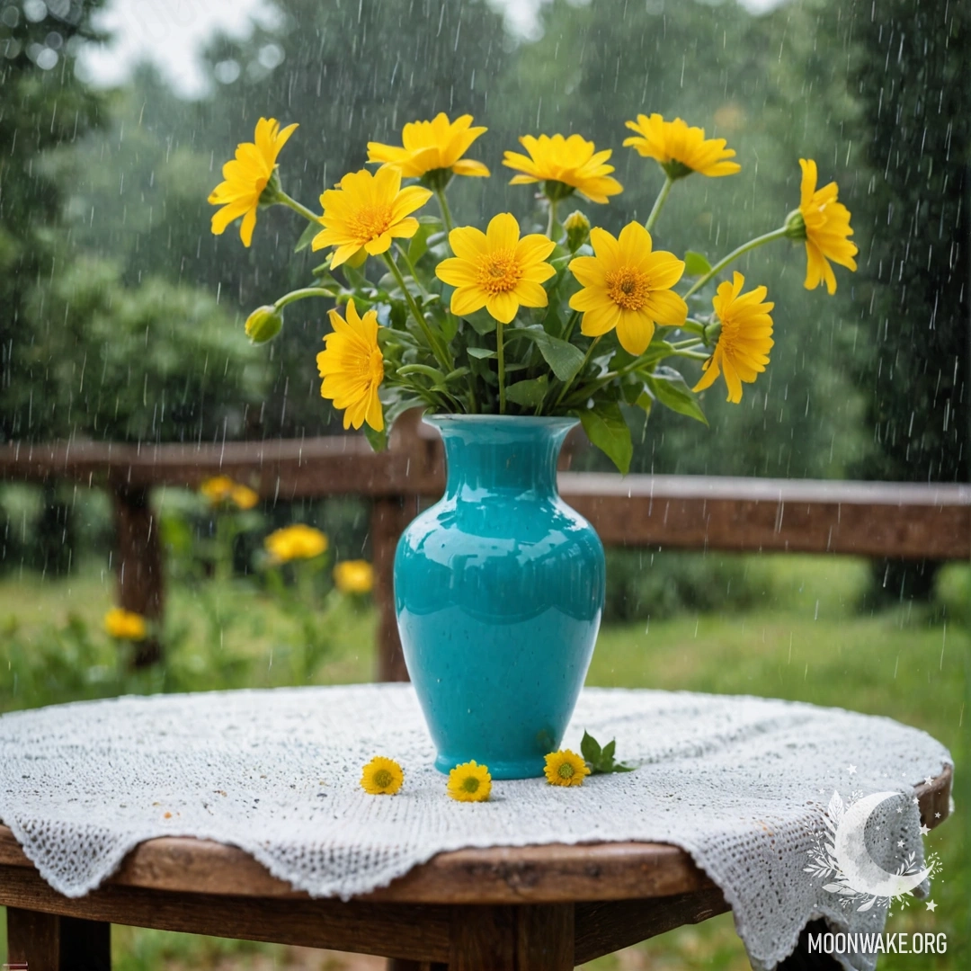 Rainy Day Still Life with Flowers and Tablecloth A shabby wooden table draped with a white knitted tablecloth, a turquoise vase filled with yellow flowers, with rain falling around it.