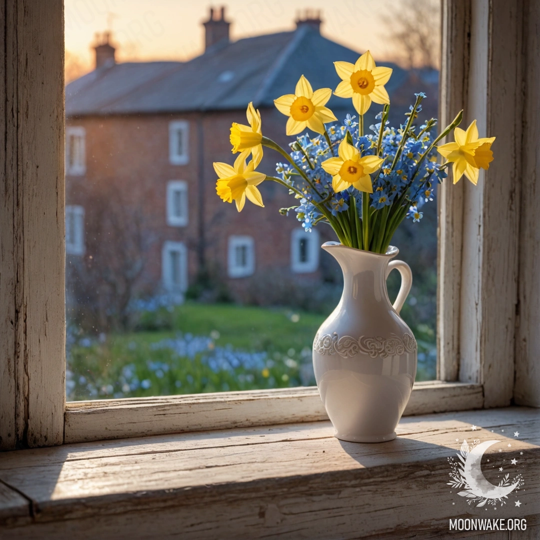 A weathered wooden window sill adorned with a white vase containing daffodils and forget-me-nots against a sunset backdrop.
