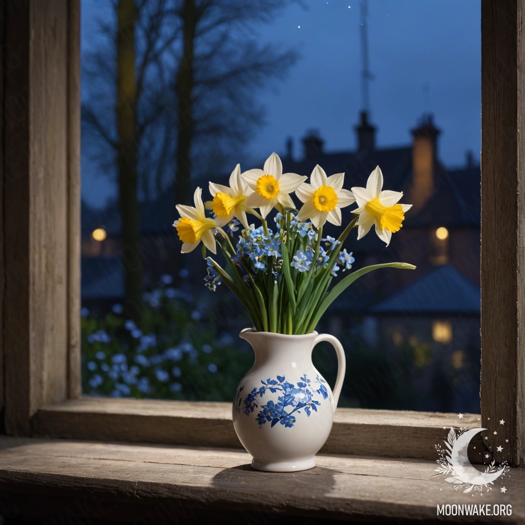 A white porcelain vase with daffodils and forget-me-nots on a shabby wooden window sill at night.