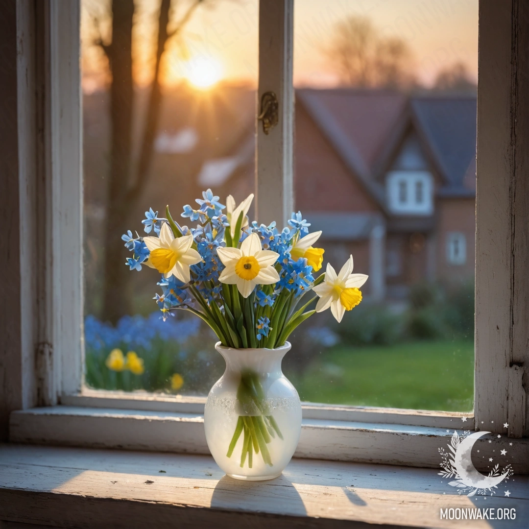 A weathered wooden window sill adorned with a white vase of daffodils and forget-me-nots during sunset.