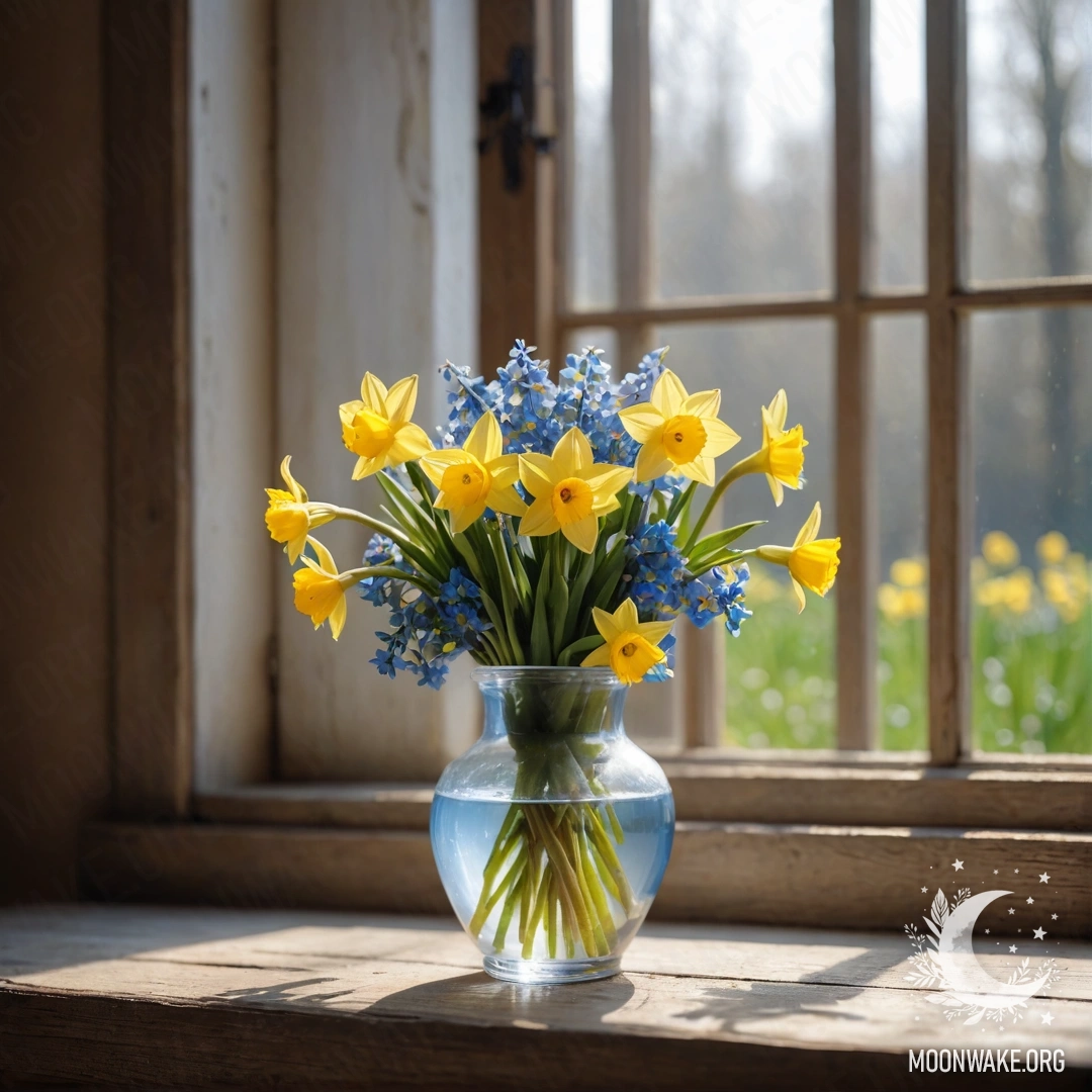 A worn wooden window sill adorned with a white porcelain vase filled with daffodils and forget-me-nots.