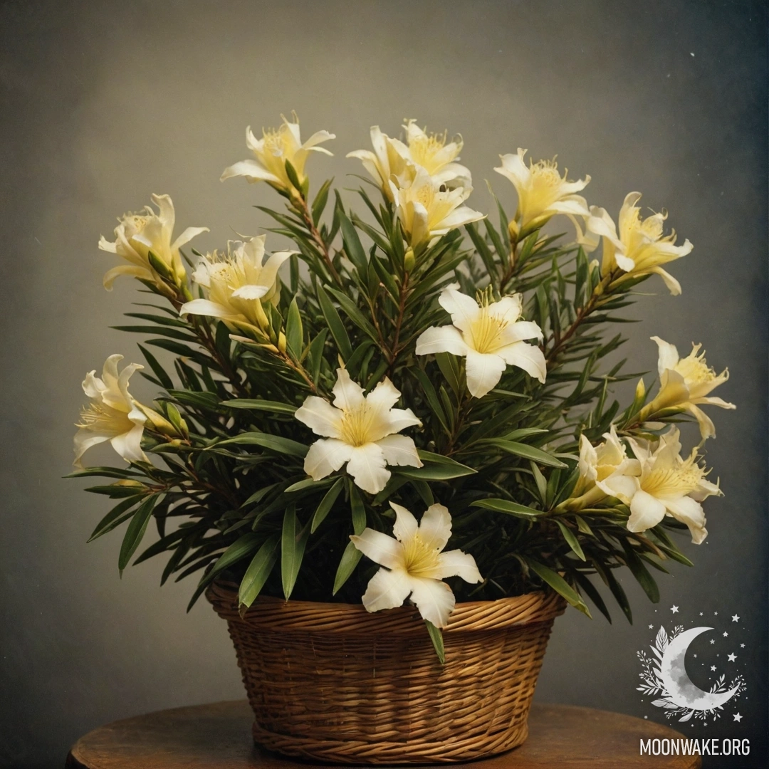 A serene oleander in a cream yellow basket, surrounded by fog at night.