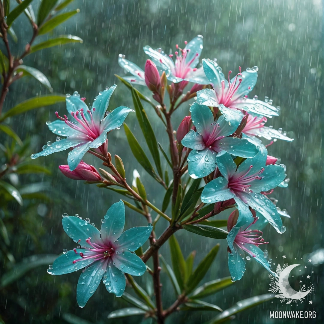 A calm oleander in the mist under the rain with sunny rays and rhinestones.