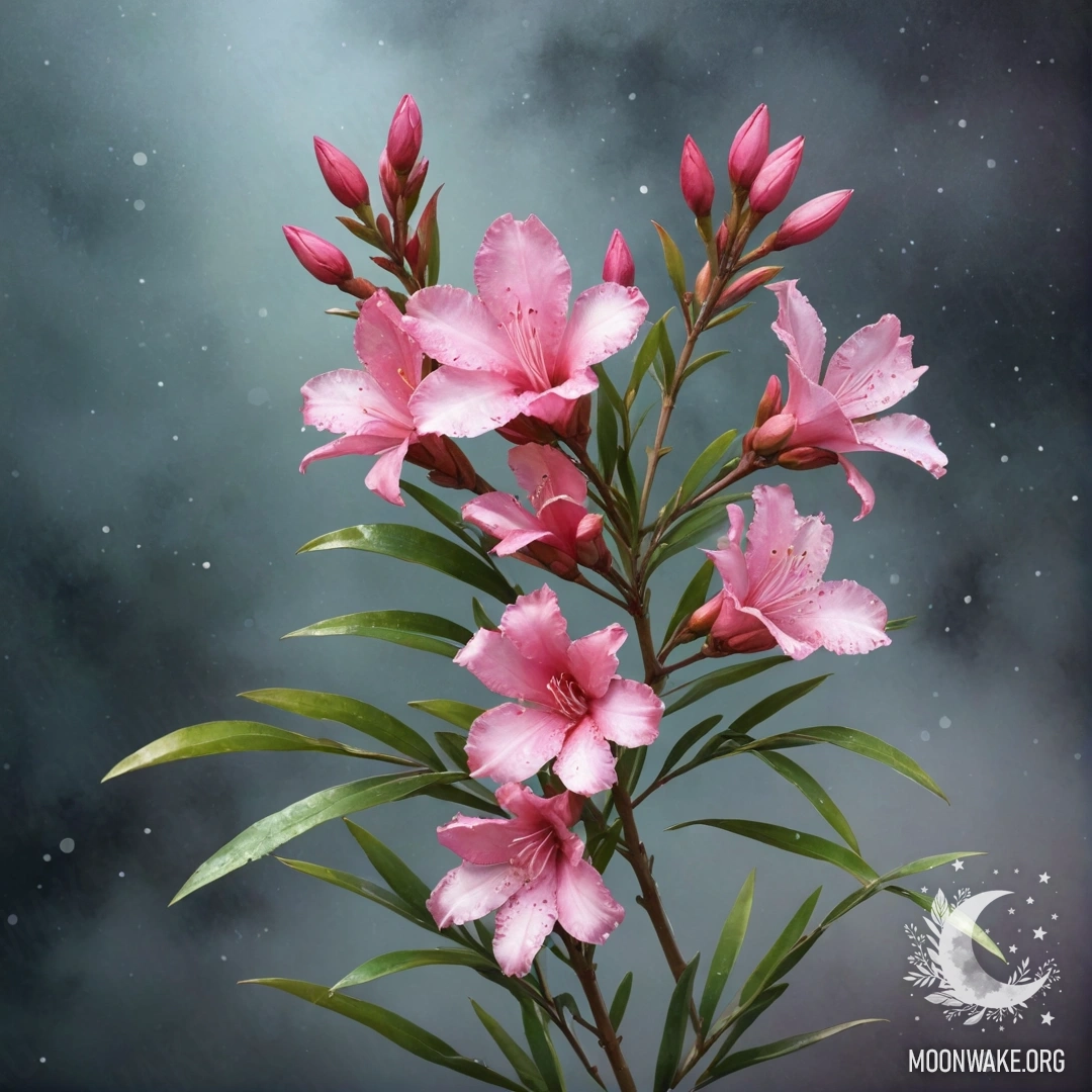 A serene image of a calm oleander surrounded by fog at night, featuring soft pastel colors and shimmering glitter.