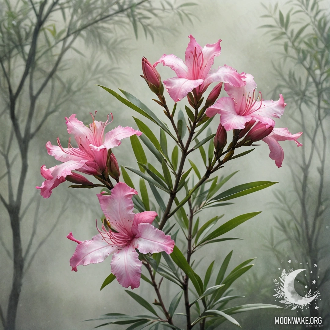 A serene representation of oleander plants enveloped in fog, showcasing soft pastel colors.
