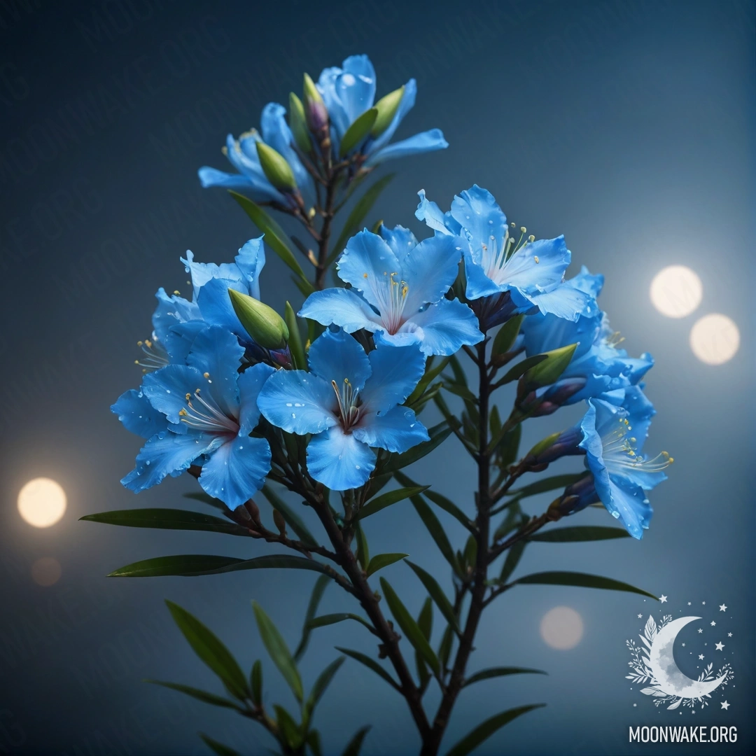 A serene oleander flower surrounded by mist under a blue night sky.