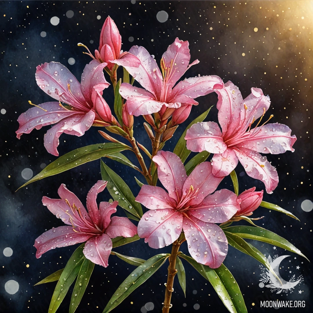 Calm Oleander with Dew Drops at Night A serene oleander flower adorned with glistening dew drops, set against a night backdrop filled with golden glitter.