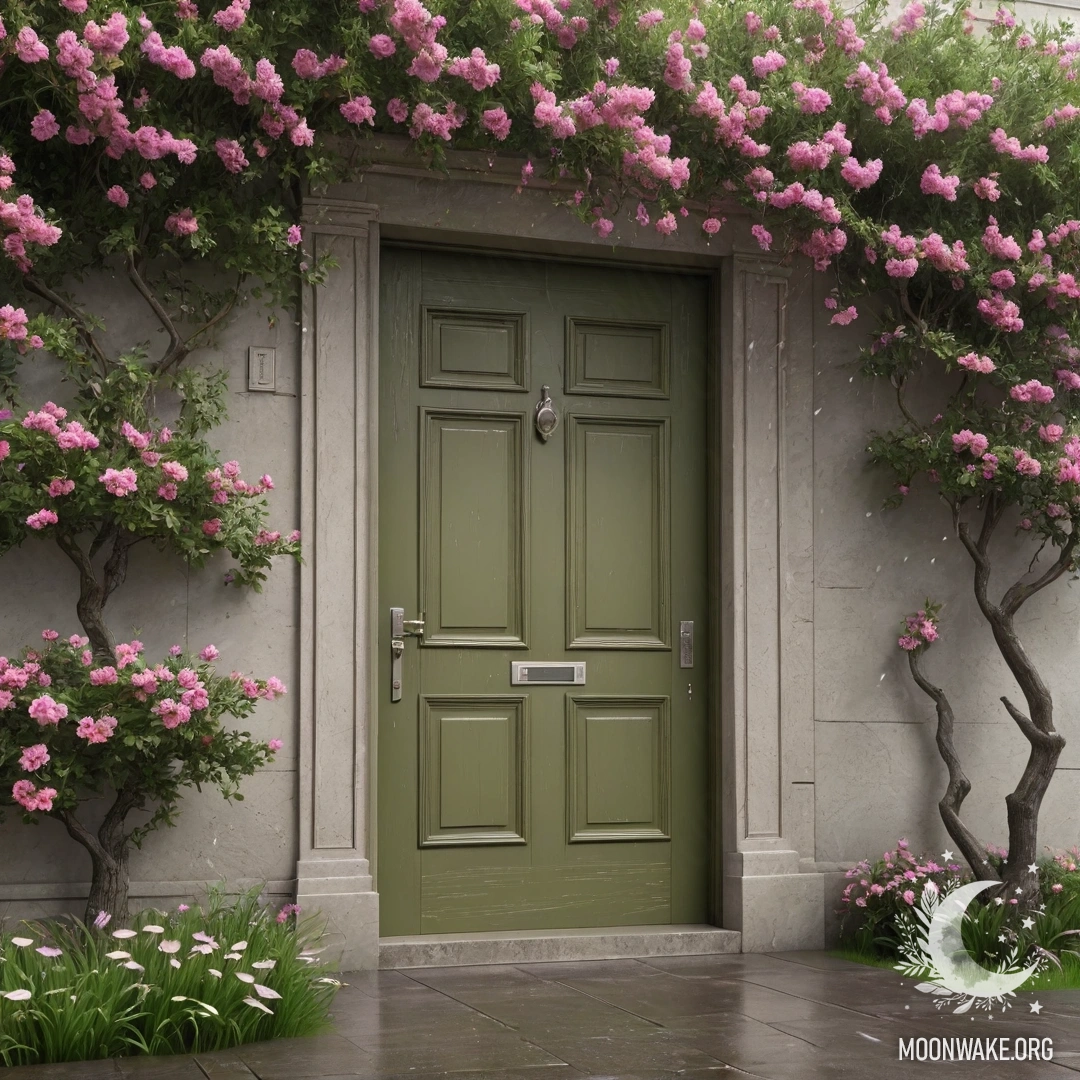 A calm olive door framed by a tree with pink flowers in the rain.