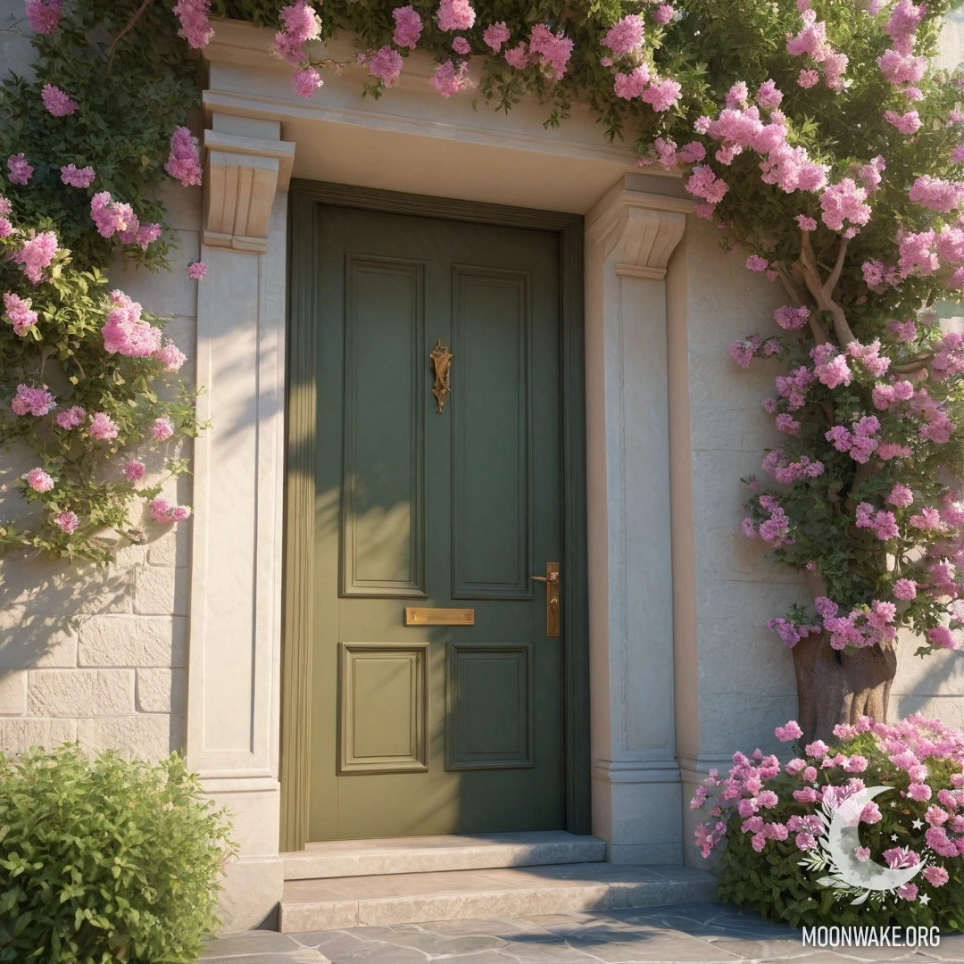A calm olive door with a tree full of pink flowers above it, illuminated by sun rays.