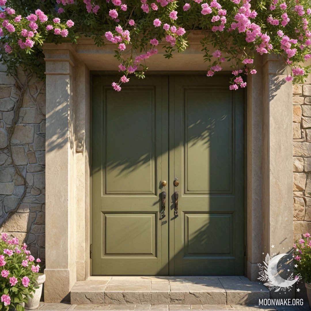 Calm Olive Door with Blossoming Tree A calm olive-colored door beneath a flowering tree with pink blossoms and sun rays.