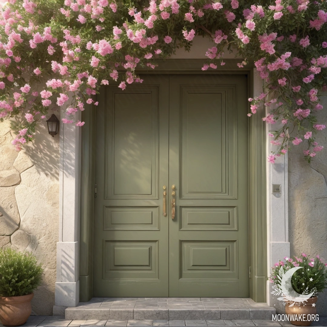A photorealistic image of a calm olive green door beneath a blossoming tree.