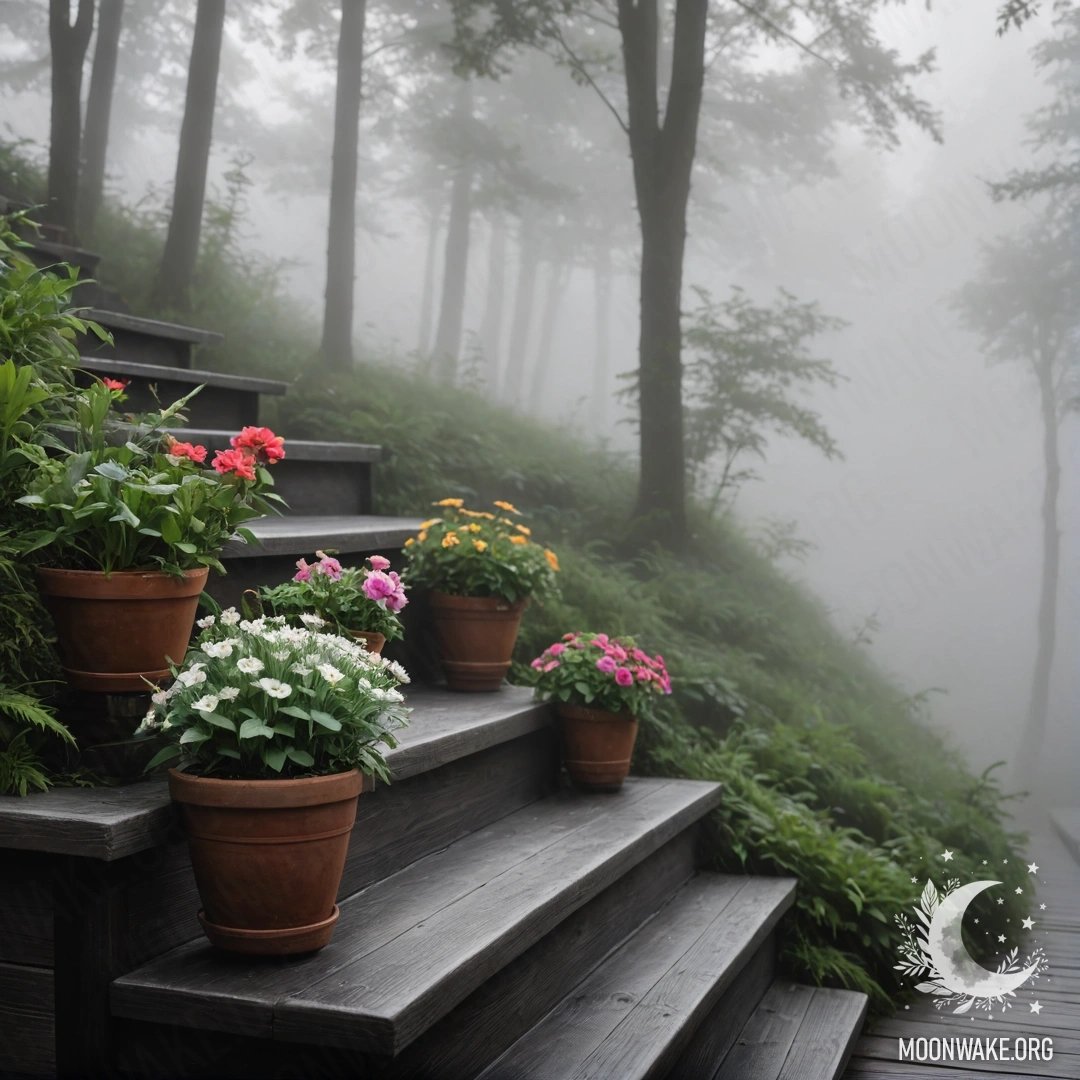 A serene wooden staircase surrounded by heavy fog and flowerpots.