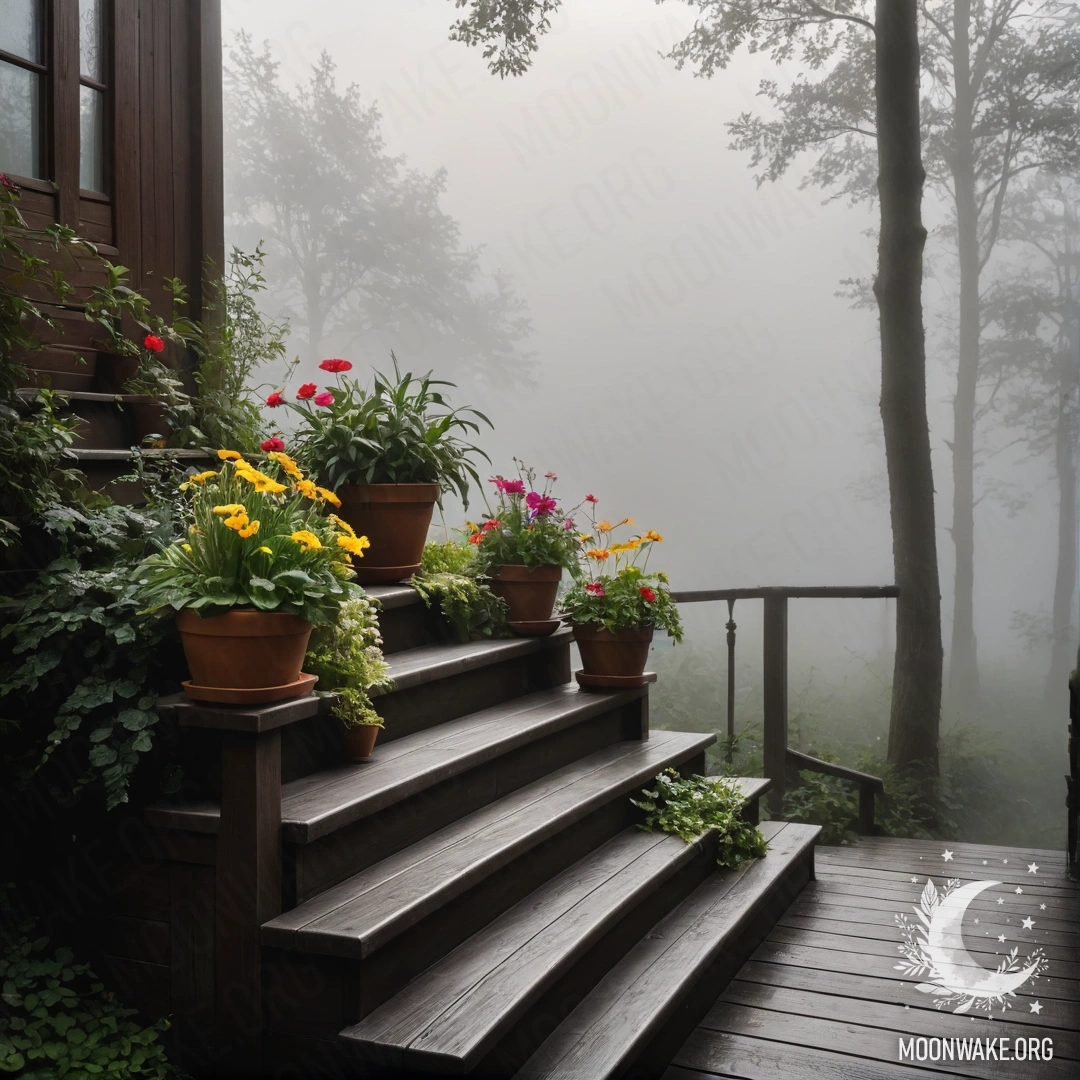 A wooden staircase surrounded by dense mist and flowerpots.