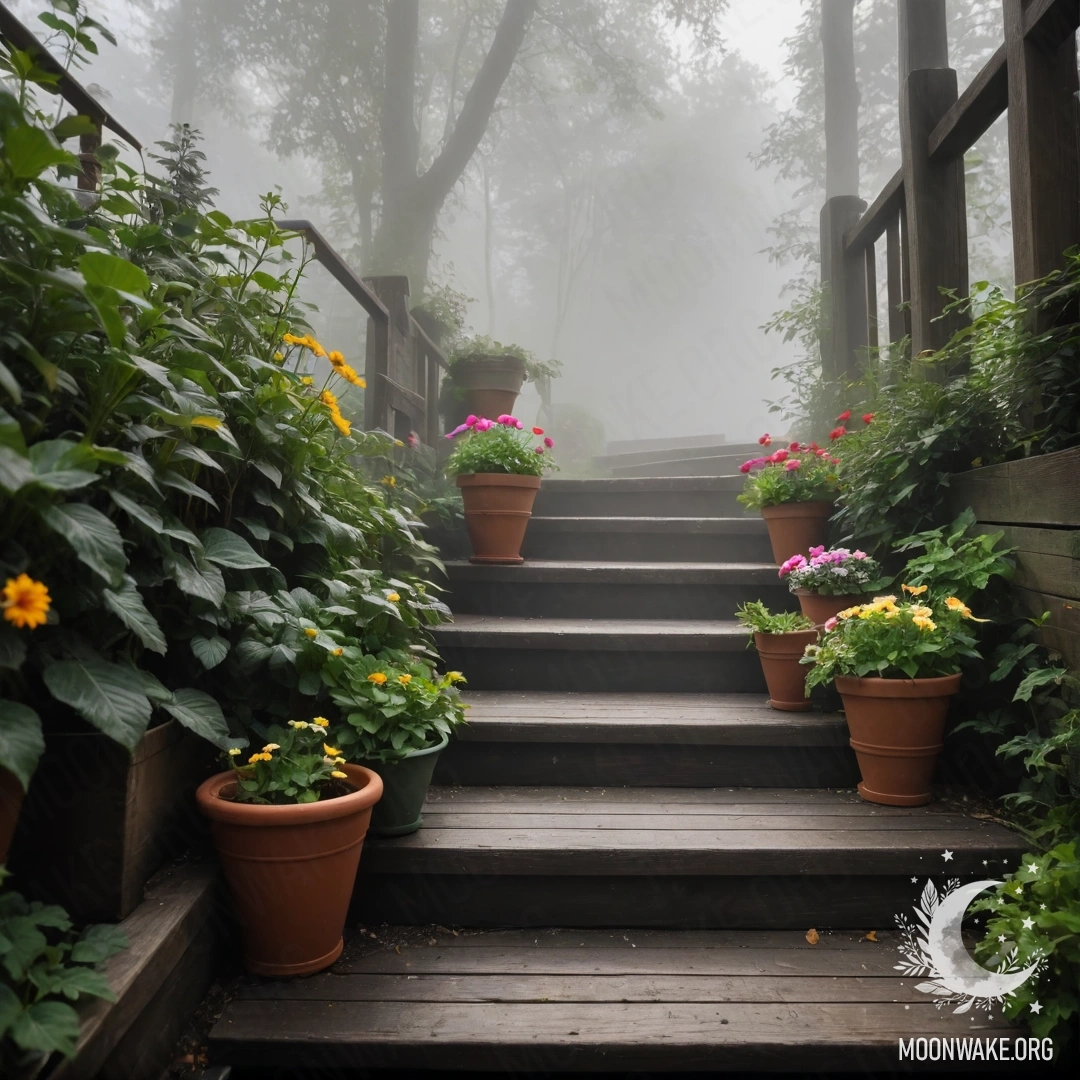 Calm Moments on the Wooden Staircase A serene wooden staircase adorned with flowerpots in heavy fog.