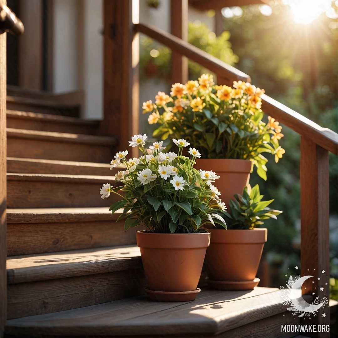 A wooden staircase adorned with flowerpots during sunset.