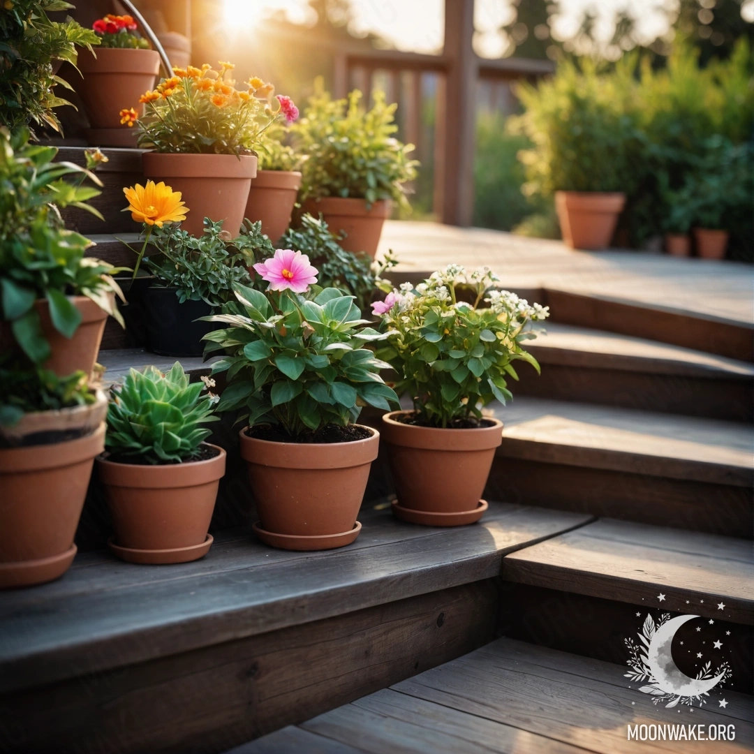 Serene Sunset on a Wooden Staircase A wooden staircase adorned with flowerpots during sunset.