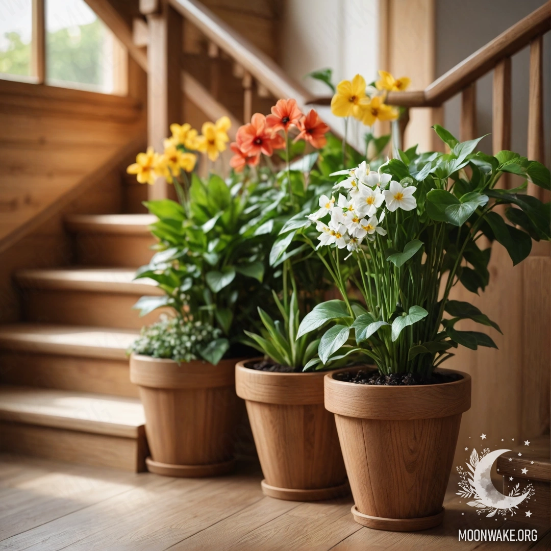 Calm on the Wooden Staircase with Flowerpots A serene wooden staircase adorned with flowerpots, inviting tranquility.