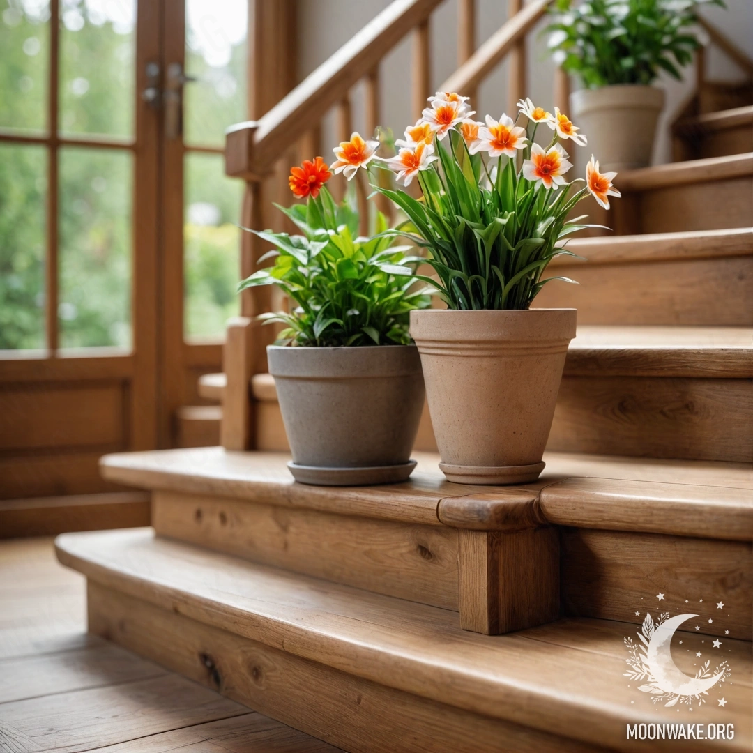 Calm on Wooden Staircase with Flowerpots A serene wooden staircase adorned with flowerpots containing lenses.