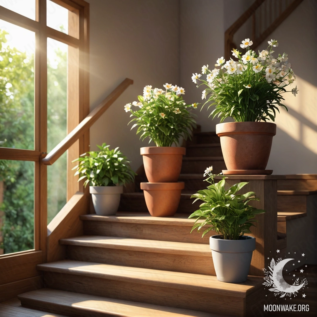 A wooden staircase adorned with flowerpots basking in gentle sunlight.