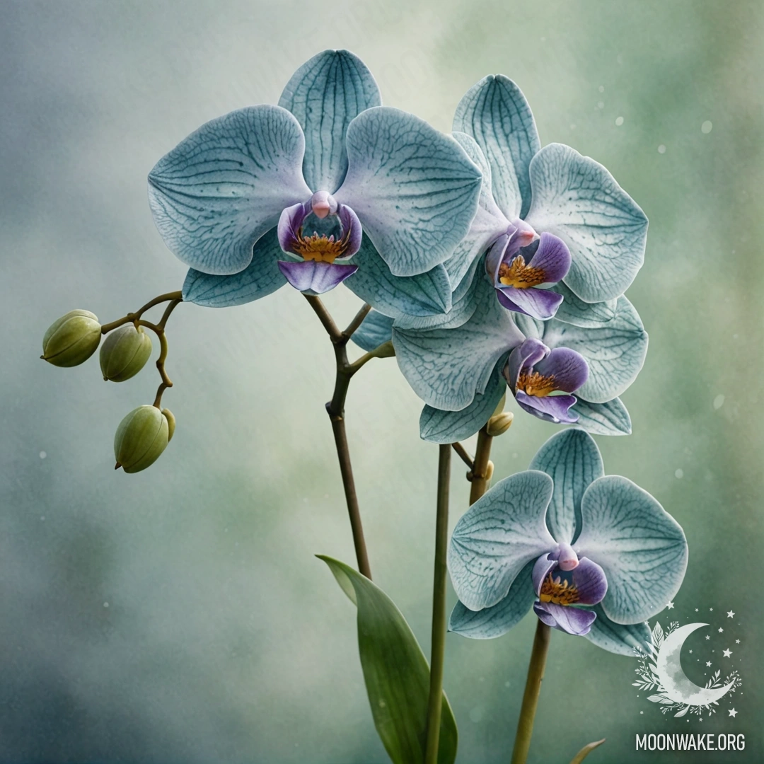A serene watercolor painting featuring an orchid surrounded by mist with patterns of greenish-blue hues.