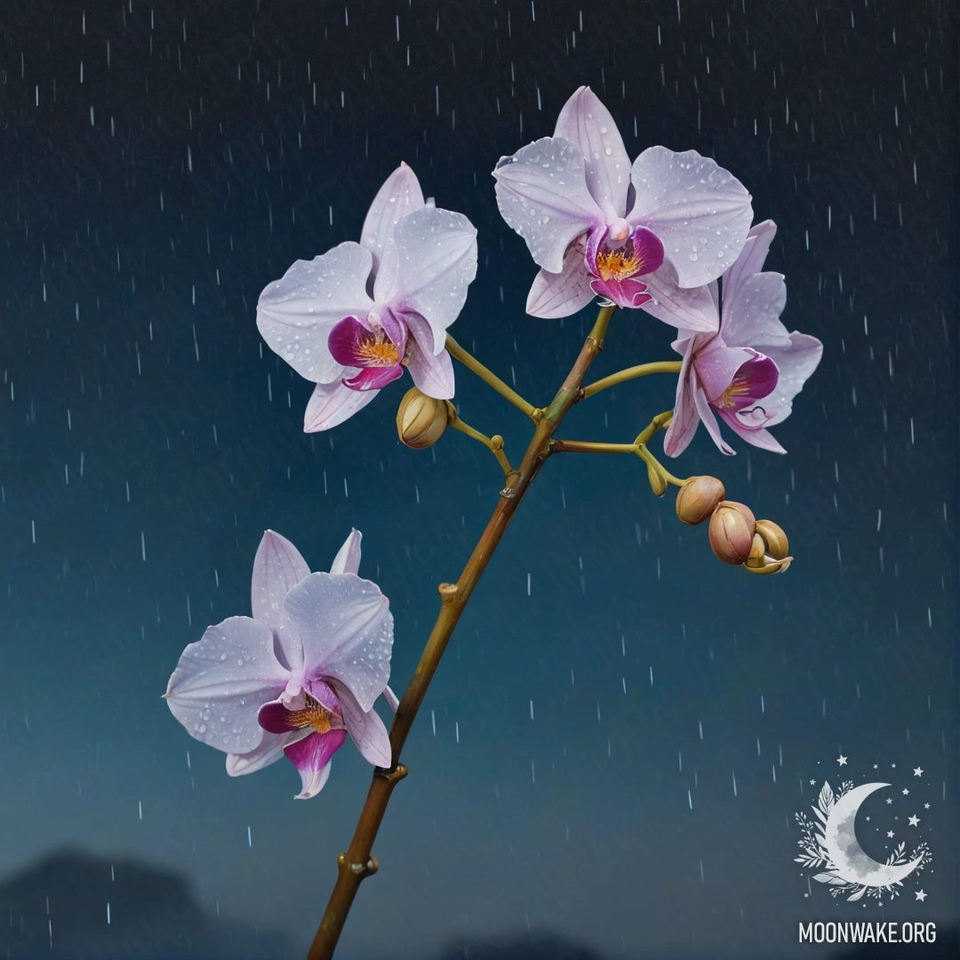 A serene orchid bathed in the gentle rain at night, with a sky blue background.