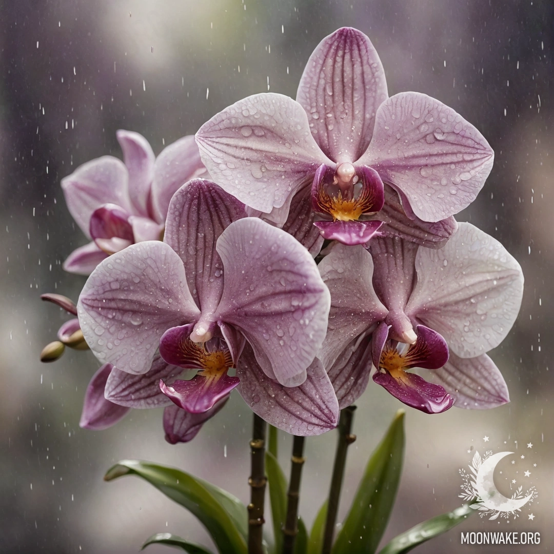 A delicate orchid flower in a serene rain setting, featuring soft coffee tones in watercolor style.