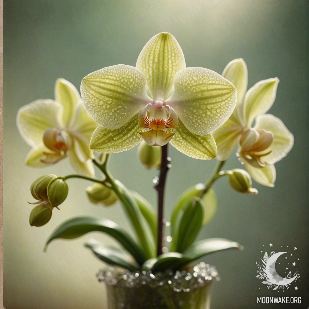 A serene orchid adorned with dew drops inside a lime-colored vase.