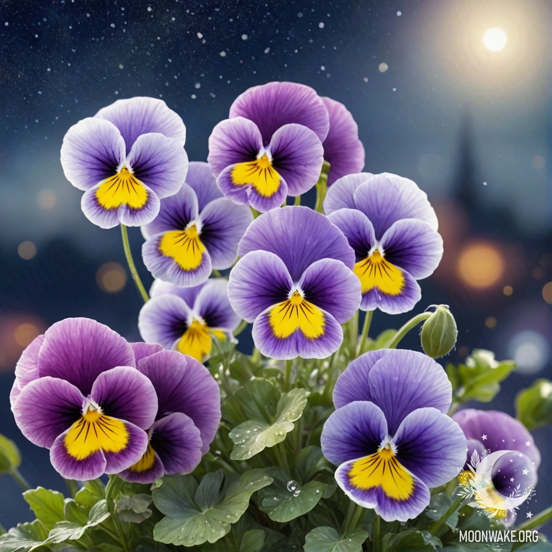 Calm Pansies at Night A watercolor painting of calm pansies at night with glittering details in sea wave colors.