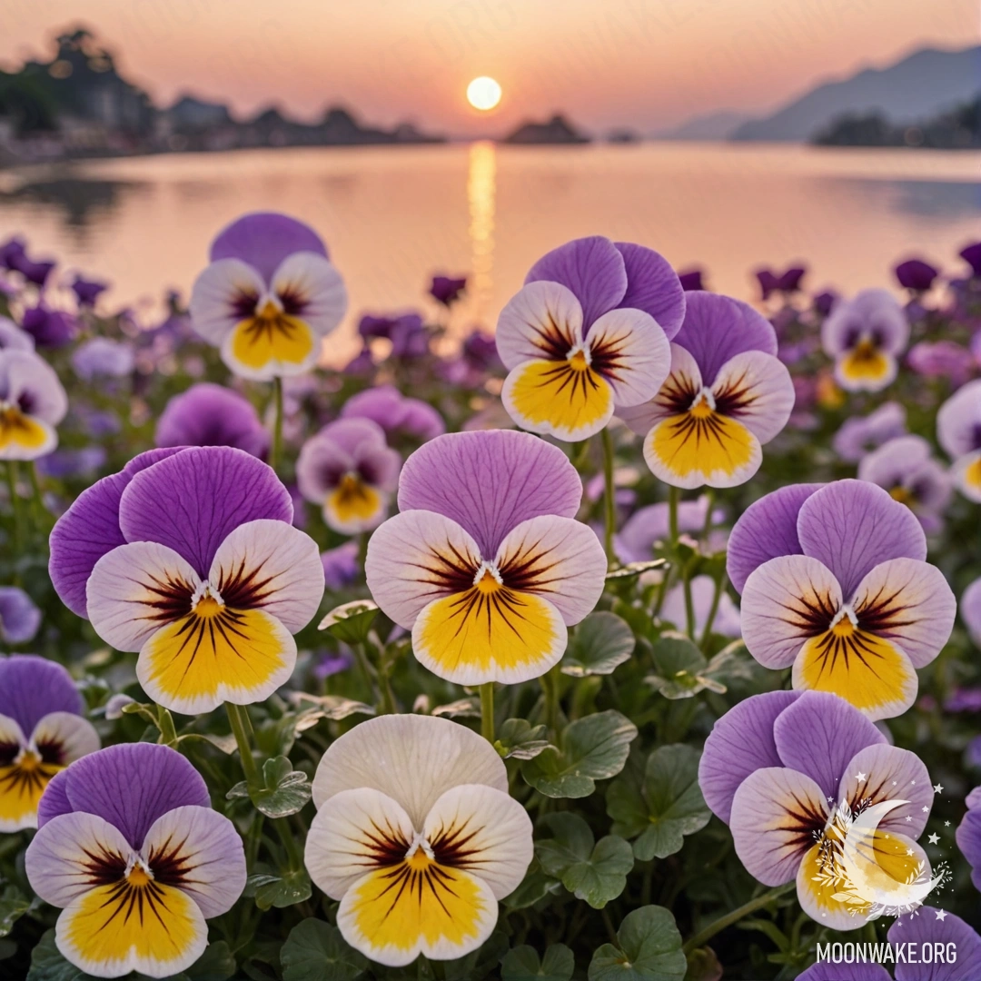 Calm Pastel Pansies at Sunset A serene arrangement of pastel-colored pansies adorned with sequins against a sunset backdrop.