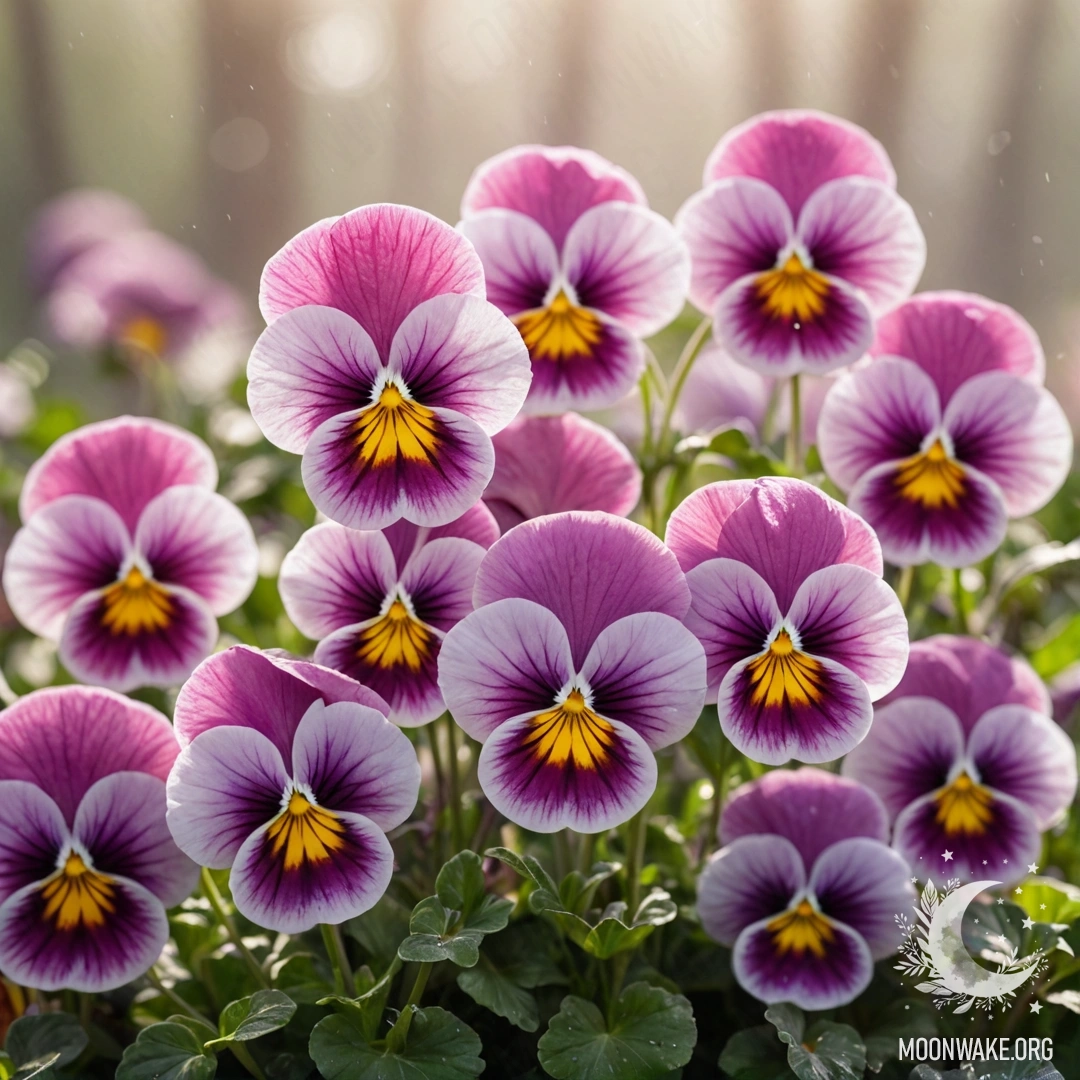 A serene scene featuring pink pansies surrounded by fog and warm sunlight.