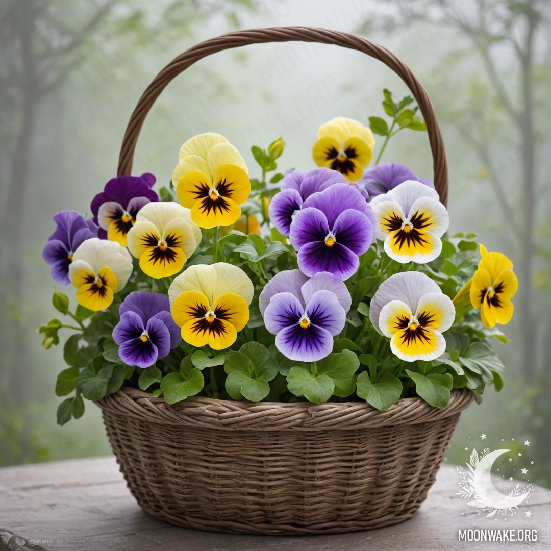 A basket filled with calm pansies in lime color surrounded by fog.