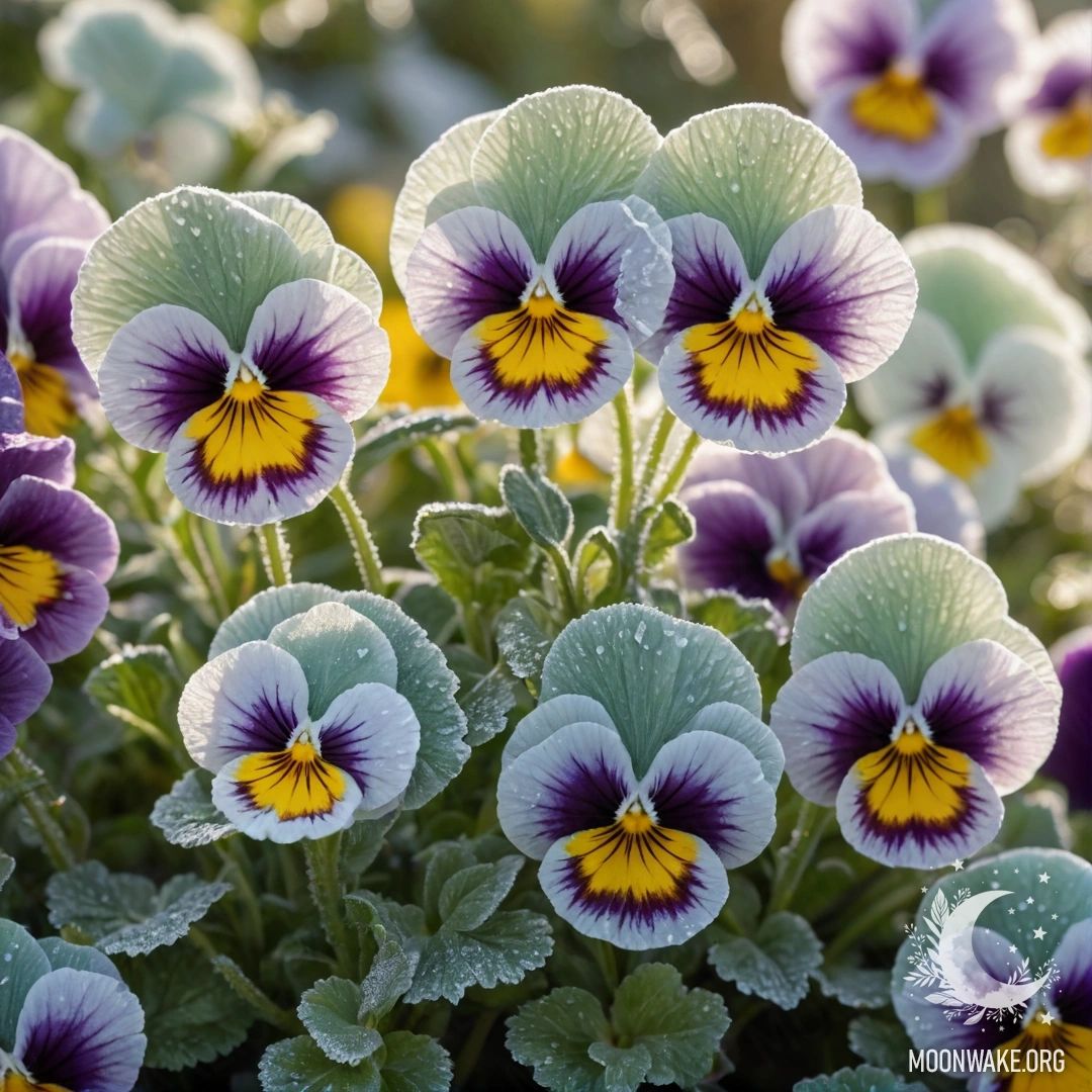 Calm Pansies in Frost Light Delicate pansies covered in frost, illuminated by soft sunlight.