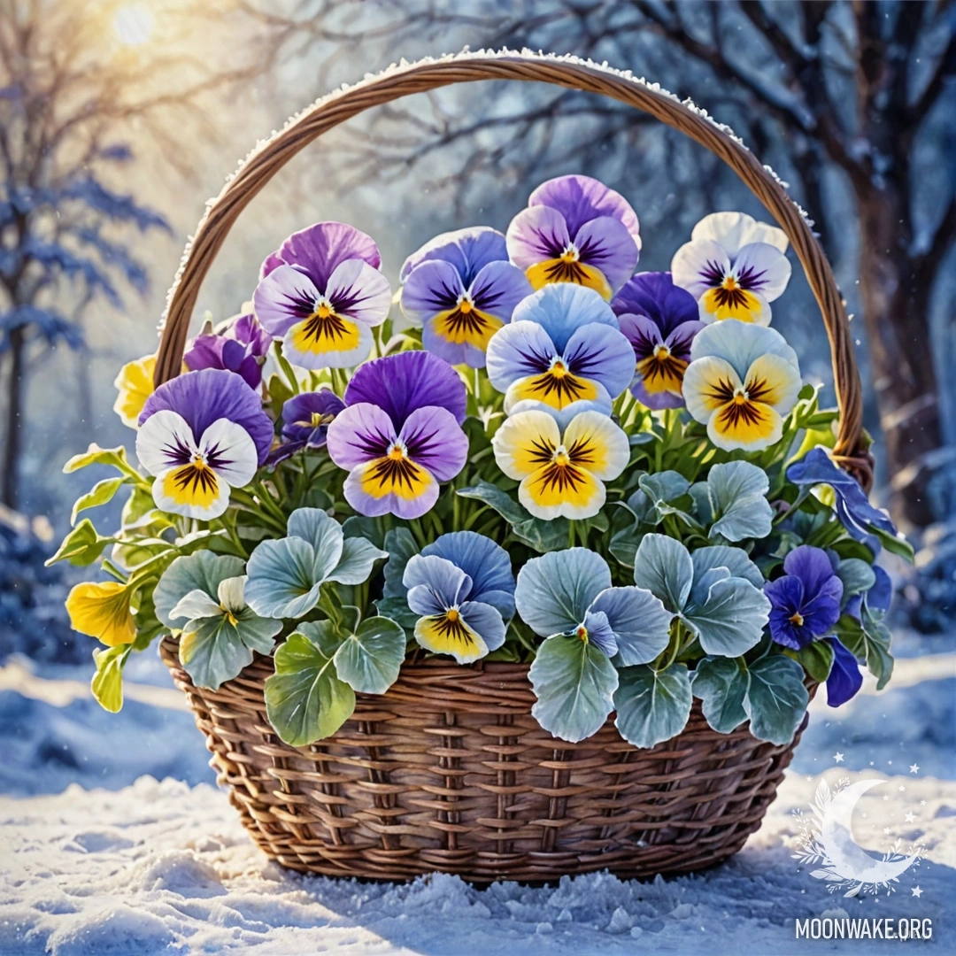 A watercolor painting of blue pansies in a frost-covered basket, illuminated by sunny rays.