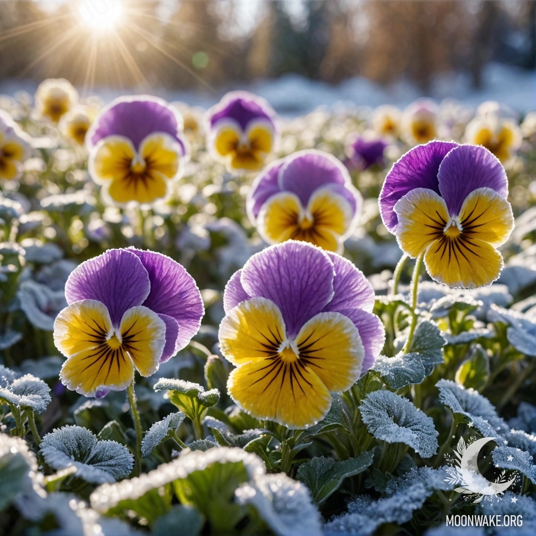 Delicate pansies resting on a frosty surface, illuminated by golden sunlight.