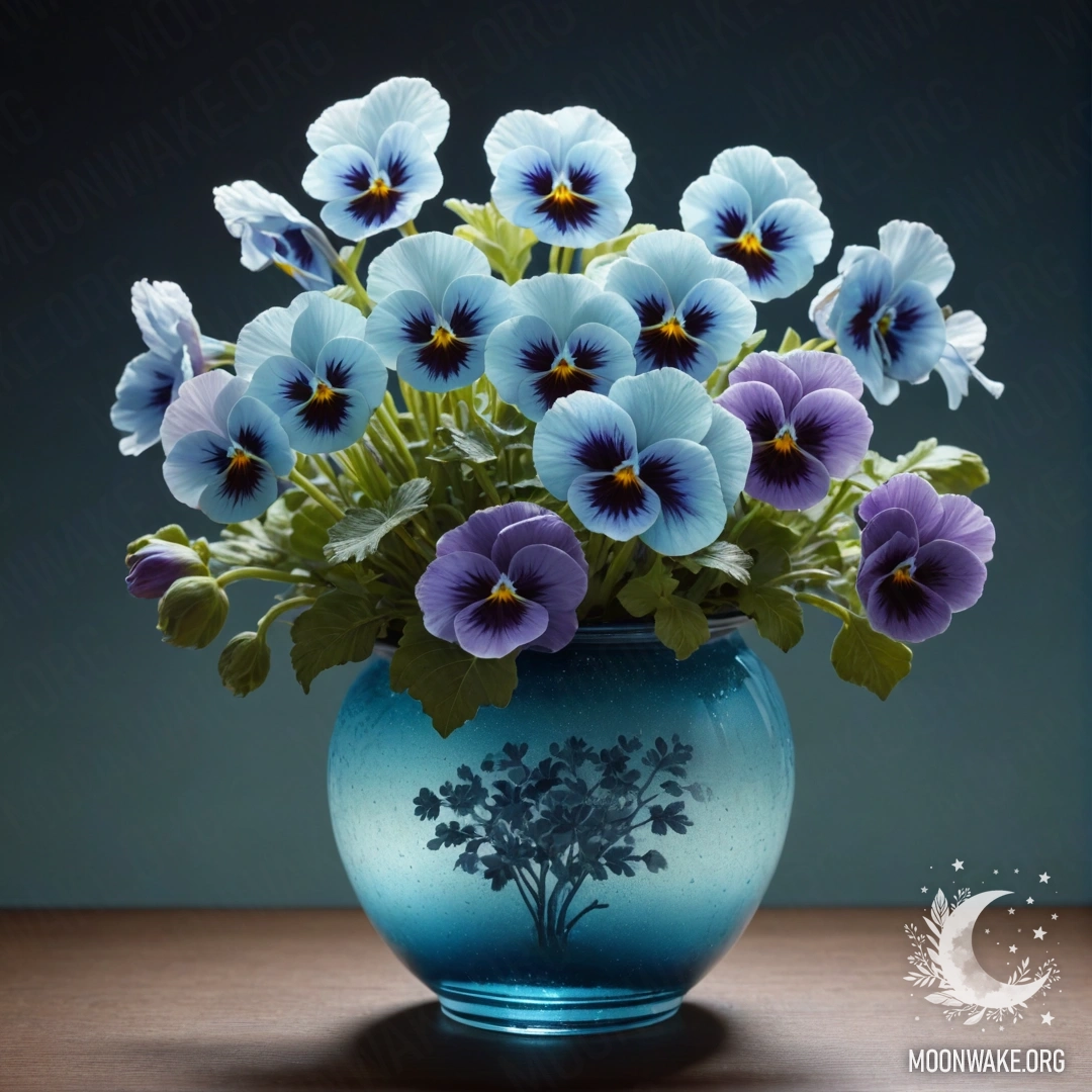 Calm Pansies in Frosty Night A tranquil vase filled with pansies resting in frost at night.