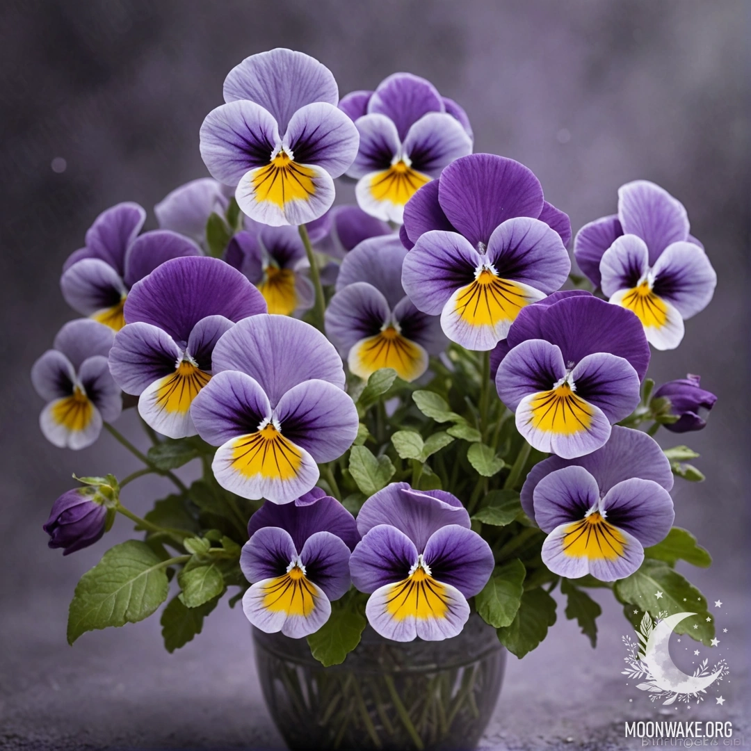 A serene bouquet of lavender pansies shrouded in soft night mist.
