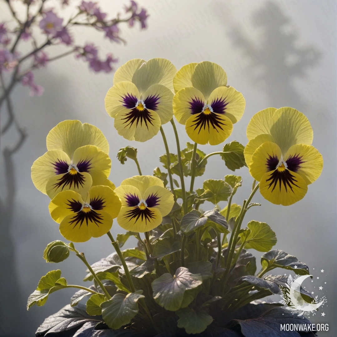 Calm Pansies in the Mist A serene image of lime-colored pansies surrounded by fog with rays of sunlight filtering through.
